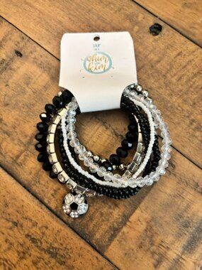 Soccer Bracelet Stack | Black White Silver Beaded Game Day Bracelet